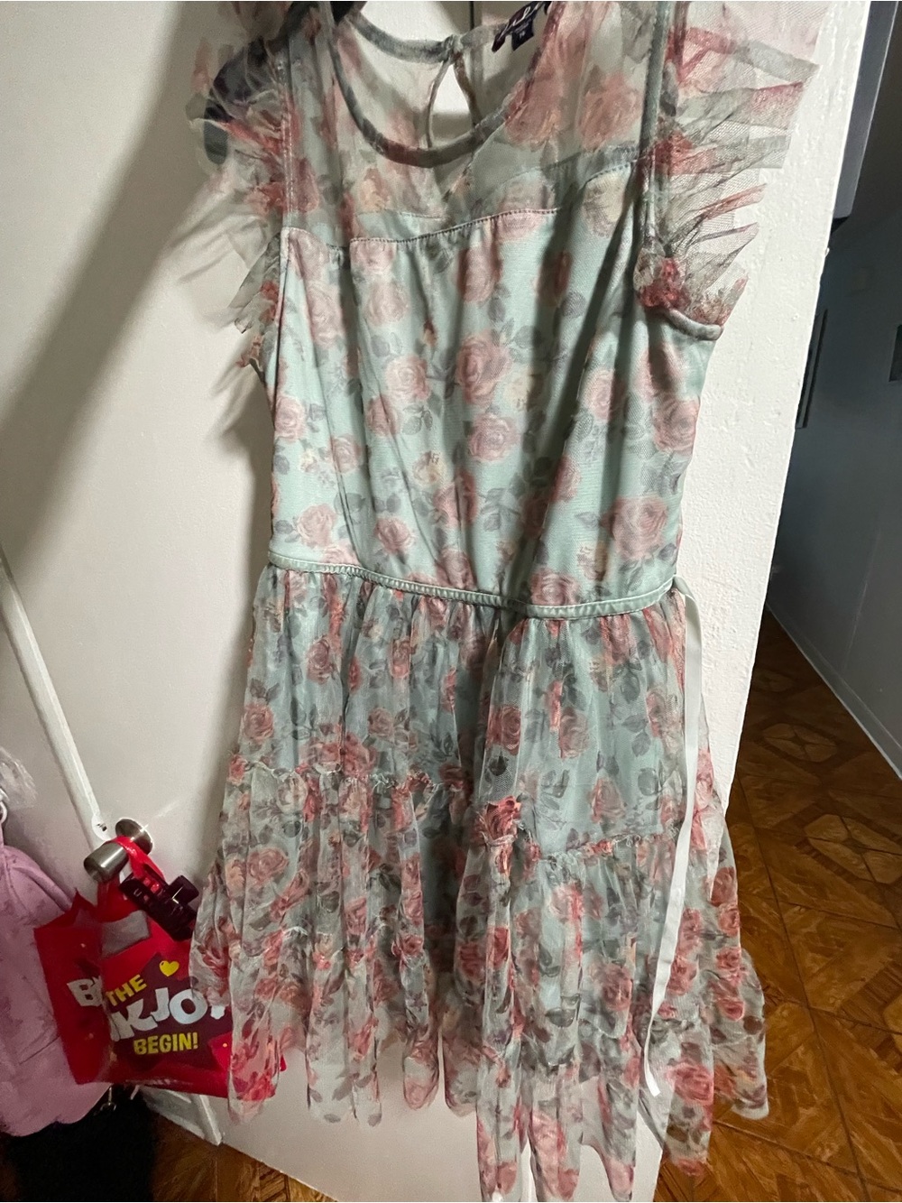Girls Floral Tulle Dress in Mint and Blush Pink